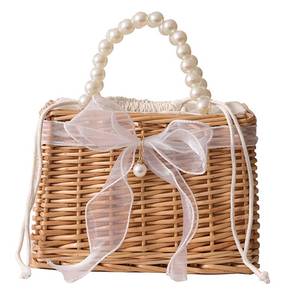 lot 4480 image: Wicker Basket Lace Ribbon Handbag Vacation Wedding Woven Handbag Drawstring Inner Pouch Daily Use Gift
