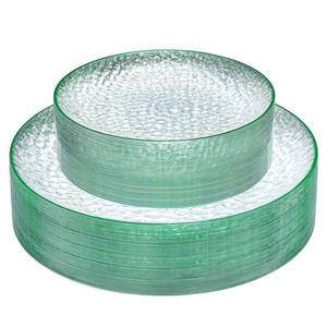 lot 6002 image: Rubtlamp 60Pcs Green Plastic Plates, Clear Plastic Disposable Plates With Green Rim, Heavy Duty Fancy Hammered Party Plate Include 30 Dinner Platos,30 Salad Platos