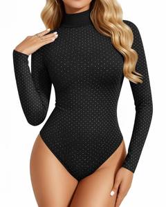 lot 6016 image: MANGOPOP Womens Sparkly Mock Turtle Neck Bodysuit Long Sleeve Shiny Rhinestone Body Suits Fall Outfits Tops (Deep Green XX-Large)