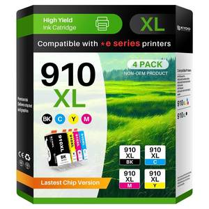 lot 6017 image: 910XL Ink Cartridges Combo Pack Compatible for 910 910XL ink cartridges 8015 8015e Ink Work with OfficeJet 8015e 8025 8010 OfficeJet Pro 8025e 8028e 8020 8035 8028 Printers (Black Cyan Magenta Yellow) Black ink leaked