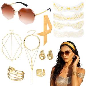 lot 6047 image: JATEBI 11Pcs 70s Disco Accessories for Women Disco Costume Accessory Set Coil Bracelet Rings Earrings 70s Sunglasses Layered Necklace Sequin Head Chain Face Tattoo Stickers for Party Cosplay