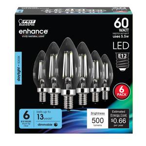 lot 6057 image: Feit Electric 60W Equivalent Candelabra LED Light Bulb, Dimmable, E12 Base, 5000K Daylight, B10 Filament Torpedo Tip Decorative Lighting Bulbs, 13-Year Lifetime, CTC60950CAFIL6, 6-Pack