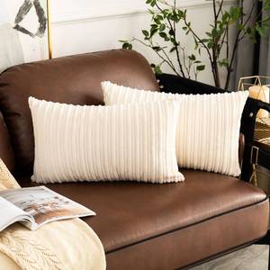 lot 6061 image: UGASA Pack of 2, Velvet Pillow Covers Striped, Soft Textured Throw Cushion Case Set, Accent Corduroy Lumbar Pillowcases with Hidden Zipper for Home Decor Indoor Outdoor (12x20, Cream)