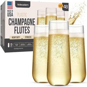 lot 6424 image: DECADORN Clear Stemless Champagne Flutes Plastic 48 Pack, Made in USA, 9oz Plastic Champagne Glasses - Durable and Sturdy Mimosa Glasses For Parties - Shatterproof, Recyclable, BPA-Free, Smooth Rims