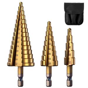 lot 6444 image: Step Drill Bit Set, 3 Pieces Titanium Coated High Speed Steel Unibit Cone Drill Bit Kit for Plastic, Wood, Metal Sheet, Aluminum Hole Drilling HSS Stepped Driil Bit (Metric 4-12mm4-20mm4-32mm)