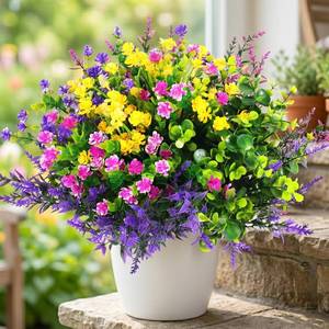 lot 6453 image: Hananona 12 Pcs Artificial Flowers Outdoor, Faux Artificial Plants UV Resistant Plastic Flower Bulk for Hanging Planter Porch Window Home Wedding Fall Summer Decor (12, Fuchsia, Purple, Yellow, Green)