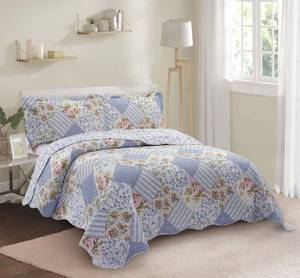 lot 6460 image: Brilliant Sunshine Blue Rose Patchwork, 3-Piece Quilt Set with 2 Shams, Reversible Bedspread, Soft Lightweight Coverlet, All-Season, King, Blue Rose