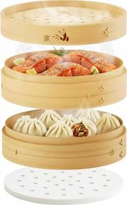 lot 9465 image: Prime Home Direct Bamboo Steamer Basket 10-Inch  2-Tier Steamer for Cooking  50 Liners, Chopsticks, Sauce Dish  Steaming Asian Food, Bao Buns, Chinese, Dim Sum, Dumpling, Rice, Vegetable Steam Pot