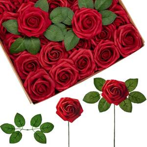 lot 11125 image: InnoGear Artificial Flowers, 50 Pcs Dark Red Foam Fake Roses Bulk with Stems for Mothers Gift Decoration Celebration DIY Wedding Bouquets Centerpieces Bridal Shower Party Christmas Tree