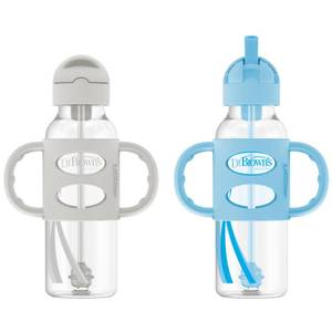 lot 11139 image: Dr. Browns Milestones Narrow Sippy Straw Bottle, Spill-Proof with 100% Silicone Handles and Weighted Straw, 8 oz250 mL, BlueGray, 6m