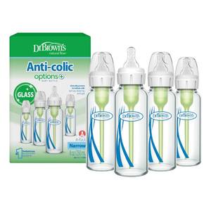 lot 11150 image: Dr. Browns Anti-Colic Options Narrow Glass Baby Bottle with Level 1 Slow Flow Nipple, BPA-Free, 8 oz250 mL, 0m, 4-Pack (Packaging May Vary)