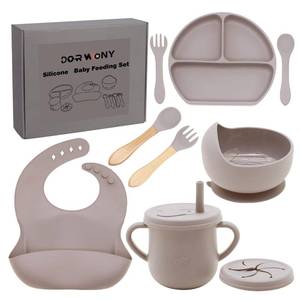 lot 11210 image: Dormlony 100% Silicone Baby Feeding Set, BPA Free, 9 Pcs Suction Bowl, Divided Plate, Toddler Self Feeding Dish Set with Spoons, Forks, Sippy Cup, Bib, Beige