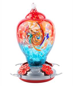 lot 11212 image: WOSIBO Hummingbird Feeder for Outdoors Patio Large 32 Ounces Colorful Hand Blown Glass Hummingbird Feeder with Ant Moat Hanging Hook, Rope, Brush and Service Card (Red-Blue)