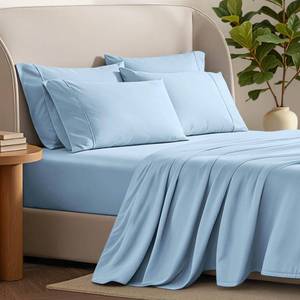 lot 11217 image: Bare Home Hotel Luxury King Sheet Set, Extra Soft - 6 Piece Set - Deep Pockets - Easy Fit - Cooling & Breathable - Wrinkle, Fade, Stain Resistant - Includes 4 Pillowcases (King, Light Blue)