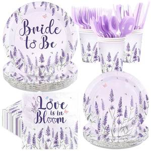 lot 12007 image: 168 Pcs Lavender Bridal Shower Party Supplies Purple Floral Flower Plates Napkins Cups Forks Knives Spoons Bride to Be Paper Tableware Set for Bachelorette Wedding Engagement Decorations Serves 24