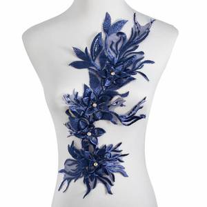 lot 12017 image: Silvora Phoenix Peacock Feather Tail Fabric Beaded Lace Applique,3D Embroidered Flower Fabric Patch for Bridal Dress, Handmade Sewing Tool for Wedding DIY Crafts(Navy Blue)