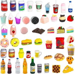 lot 12042 image: 50 Pcs Miniature Food Drink Bottles Soda Pop Cans Pretend Play Kitchen Game Party Accessories Toys Hamburg Cake Ice Cream for 112 Doll House (25Food25Drink)