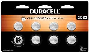 lot 12045 image: Duracell 2032 Lithium Battery, 8 Count (Pack of 1), Child Safety Features, Compatible with Key Fob, Tea Light Candles and Other Devices, CR2032 Battery (Only 2)
