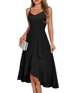lot 12055 image: DRESSTELLS Womens Cocktail Dress for Formal Wedding Guest, Aline Fit Flare Prom Evening Party 50s High Low Ruffle Swing Dresses Black L