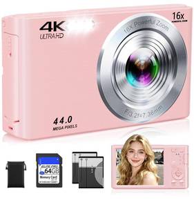 lot 12067 image: Digital Camera,Upgraded FHD 4K Pink Digital Camera for Teens Girls,Compact Digital Cameras with 64GB Memory Card,2 Batteries,Small Camera with 16X Autofocus Digital Zoom for Vlogging