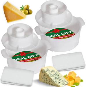 lot 12070 image: 2 pcs Cheese Mold with a Follower Piston and Cheesecloth �� Cheese Making Kit - Cheesemaking Supplies �� Cheese Form Mold - Cheese Making Basket - Cotton Cloth For Straining - Molde Para Queso (Only One)
