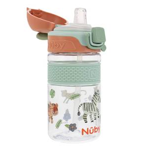 lot 12080 image: Nuby Thirsty Kids Flip-It Bolt Toddler Cup with Push-Button Locking Flip-Top and Silicone Spout - 12 oz - Easy-Grip and Spill-Resistant - 18 Months - Safari
