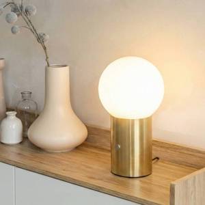 lot 12099 image: Brightech Kai LED Table Lamp with USB Port - Small Bedside Reading Modern Desk Lamp, Nightstand Light with Ambient Lighting for Bedroom, Living Room, Office - Modern Globe Lamp Shade, Brass Finish (Only Base)