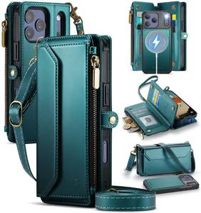lot 12113 image: Strapurs for iPhone 17 Pro Detachable Wallet Case Compatible with Magsafe, RFID Blocking 9-Card Holder Zipper Wrist Strap Lanyard PU Leather Magnetic Phone Case for iPhone 17 Pro 6.3, Blue Green