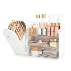lot 13175 image: lurcns Makeup Organizer with Dustproof Brush Holder for Vanity, Large Cosmetics Organizer and Bathroom Countertop Skincare Storage with 2 Clear Drawers for Lipstick, Perfume, Eyeshadow Palettes,White