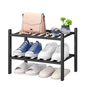 lot 13180 image: viewcare Black Small Shoe Rack for Entryway,2-Tier Bamboo Shoe Organizer for Hallway Closet, Free Standing Shoe Racks for Indoor Outdoor