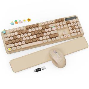 lot 13182 image: Wireless Keyboard and Mouse Combo - Cute Typewriter Keyboard with Detachable Wrist Rest, Retro Round Keycaps, Foldable Legs, 2.4GHz Full-Size Keyboard for PC, Laptop, Mac, Windows - Trueque (Latte)