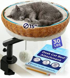 lot 13204 image: PetLovers Cat Desk Bed - Rattan Elevated Desk Cat Bed Attachment with Removable Washable Cushion, 360° Swivel Arm, Secure Clamp - Keeps Your Pet Close While You Work or Play