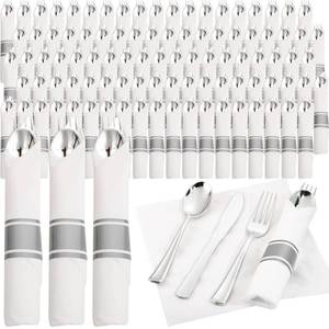 lot 13205 image: Supernal 120pack Silver Plastic Silverware,Rolled Plastic Silverware,Pre Rolled Napkins with Cutlery Set,Wrapped Disposable Cutlery Set with Napkin Perfect for Mothers Day, Birthday, Wedding,Catering