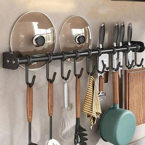 lot 14129 image: Modern Kitchen Utensil Rack, Black Wall-Mounted Hanging Rod with 6 Movable Hooks, 15.75 Inch Metal Storage Organizer