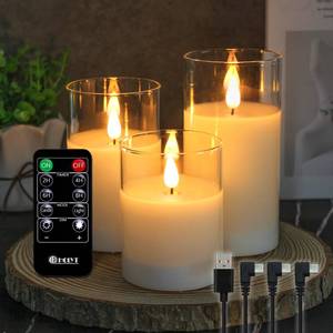 lot 14134 image: LEDHOLYT Rechargeable Flameless Glass Pillar Candles��Gifts for Women,��Set of 3, Realistic Flickering LED Light,Remote & Timer, Ideal for Living Room, Bedroom & Festival Wedding Home Party Decor