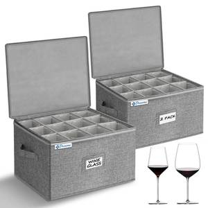 lot 14144 image: punemi Wine Glass Storage Box, Glassware Storage Containers wHard Shell Side Bottom Support & Padded Dividers, Stackable Stemware Storage Case for 24 China Crystal Glasses Drinkware, Moving Supplies
