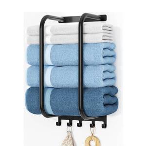 lot 14205 image: Towel Rack Bathroom Wall Holder 15.9 Inch Wall Mounted Shower Organizer, for Rolled Towel Storage, 2 Metal Racks Plus Extra 5 Hooks, for Modern Small Space Bathroom, RV Campers (Matte Black)