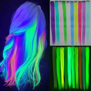 lot 14221 image: Ms Aloe 10 Pcs Glow in Dark Clip in Hair Extensions - 22inch Colorful Synthetic Rainbow Glow in The Dark Hair Accessories for Women