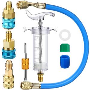lot 14268 image: Tellegloww Oil and Dye Injector Kit 14 SAE with SAE R134a Oil Injector R1234yf Low Side Quick Coupler R410a Split Adapter Compatible with R134A R22 R12 R1234YF, Hand Push Compressor Manual 1oz30ml