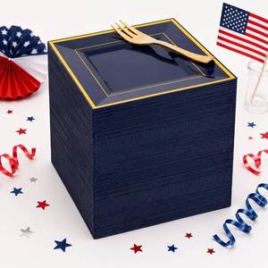 lot 19439 image: WDF 200PCS Blue Plastic Dessert Plates with Plastic Forks -6���� 100 Square Disposable Appetizer Plates Small Cake Plates with Gold&100 Navy Blue Small Appetizer Forks for Wedding4th of July Plates