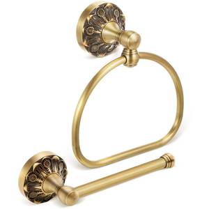 lot 19458 image: Otoolling 2 Pieces Set Antique Brass Toilet Paper Holder Retro Brass Hand Towel Ring Tissue Roll Paper Hanger Bathroom Hardware Wall Mounted Vintage Bathroom Accessories (Semi Circular)
