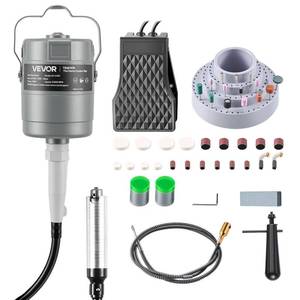 lot 19462 image: VEVOR Flex Shaft Grinder, 150W 23000RPM Electric Flex Shaft Rotary Tool, Foot-Pedal Control Hanging Carver Grinder with 112PCS Accessory Kit for Sanding Buffing Polishing Cutting (Open Box, May Be Missing Pieces)