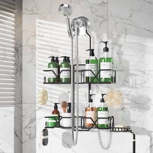 lot 19465 image: Sewulidon Stainless Steel Hanging Shower Caddy for Handheld Shower Heads,Adjustable Height Extra Long Bathroom Shower Organizer Hanger Rack with Hooks,Soap Holder