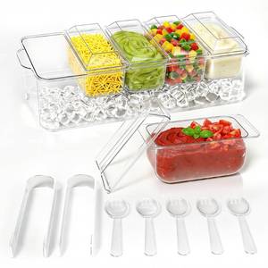lot 19480 image: ARSTPEOE Condiment Tray, Chilled Condiment Server for Home, Party, Celebration, Bar Garnish Holder on Ice, Bar Accessories Fruit and Salad with Removable Trays and Lids (5 Spoons & 2 Tongs)