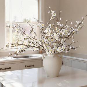 lot 19484 image: florisso 6 PCS Artificial Cherry Blossom Branches Spring Indoor Decoration, Faux Flowers 34.45 Long Stems Plum Fake Peach Plants Real Touch Silk for Wedding Home Bedroom Party Table Office, White