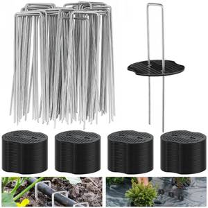 lot 19495 image: 200 Packs Garden Stakes Staples 6 inch Landscape Fabric Pins Lawn 100Pcs U Shaped Galvanized Staples Ground Stakes Landscaping Pins with 100Pcs Gasket for Weed Barrier Plant Cover Decorations