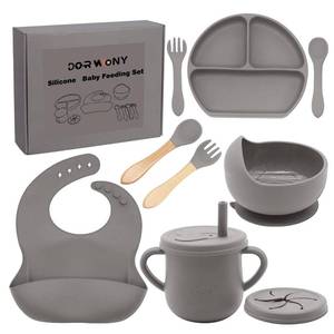 lot 19505 image: Dormlony 100% Silicone baby feeding set,BPA free Baby dishes set with Suction Bowl Divided Plate,Toddler Self Feeding Dish Set with Spoons Forks Sippy Cup And Bib, Baby Eating Utensils (Light Brown)