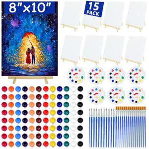 lot 19509 image: 15Pack 8x10 Inch Canvas and Easel Set, Sip and Paint Kit for Adults,Art Canvas Bulk with Easels Stands, Trays,Small Paint Brushes,12 Colors Mini Acrylic Paint Set for Couples,Kids and Party Supplies