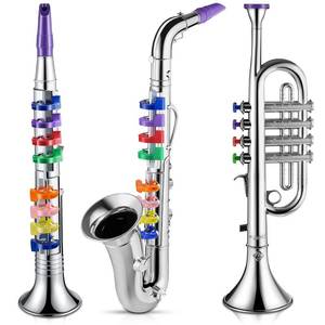 lot 19518 image: 3 Pcs Kids Instruments Musical Toy Saxophone Trumpet Clarinet with 8 Color Coded Keys Educational Teaching Songs Gifts for Boys Girls Children Toddler Beginner Birthday Concert Party(Silver)