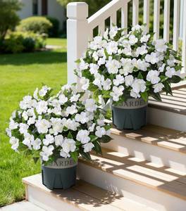 lot 19520 image: FancyPlus Artificial Flowers for Outdoors, 2 Set Fake Potted Flowers 12 Bundles UV Resistant Realistic Silk Faux Impatiens with Pot for Outside Balcony Garden Window Box, White